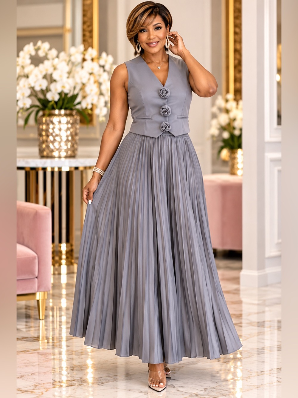 Gray Pleated Maxi Skirt & Rose Button Vest 2 Piece Set Size L